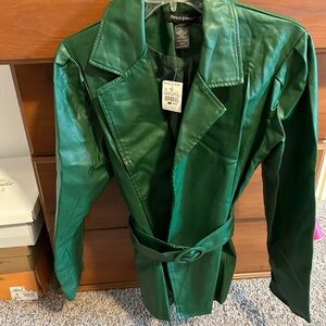 Ashley Stewart Emerald Faux Leather Coat belted womens medium 10/12